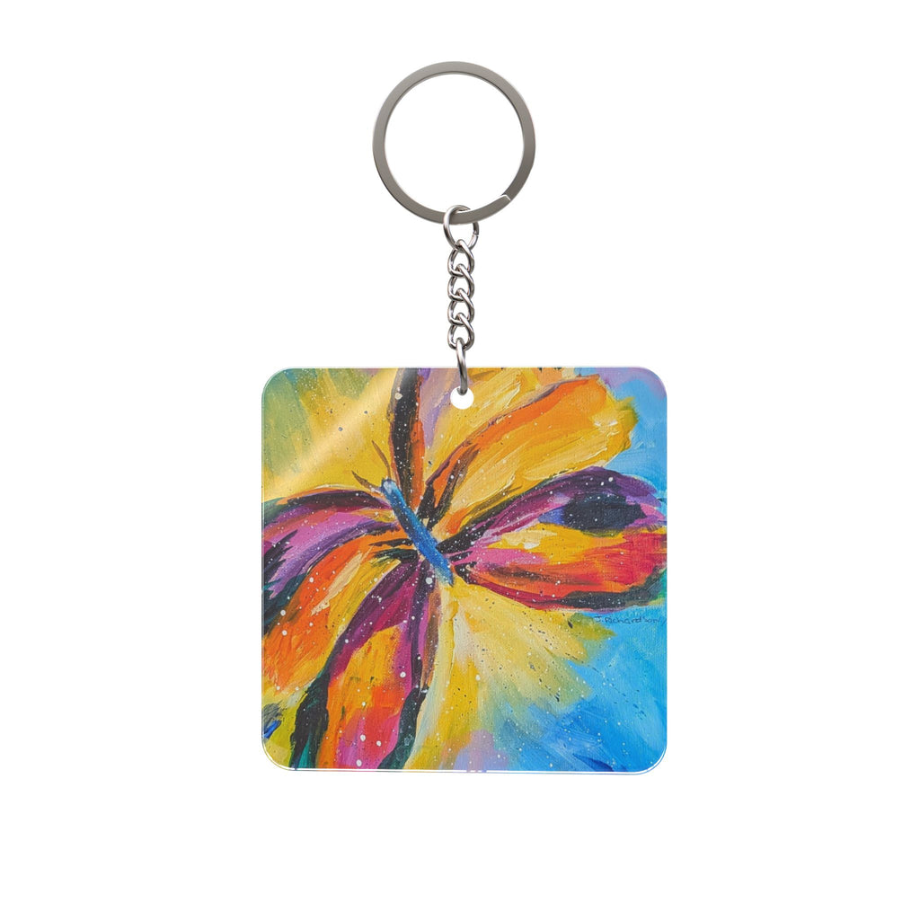 Colorful Butterfly Square Keychain – Hand-Painted Floral Keyring