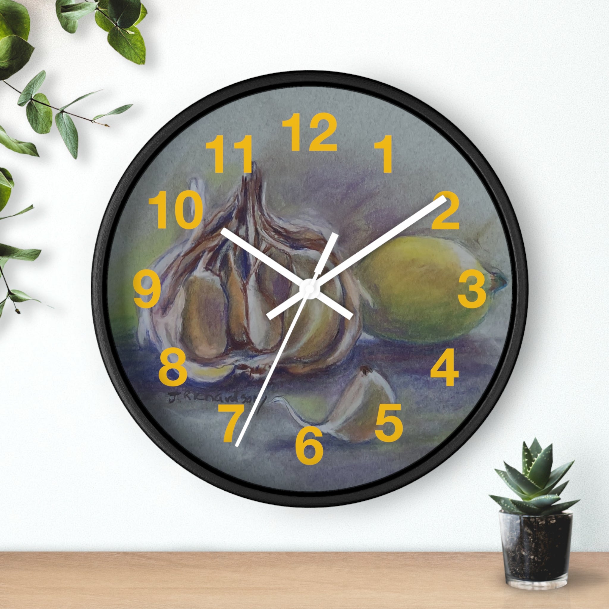 Garlic & Lemon Kitchen Wall Clock — Still Life Food Art Home Decor