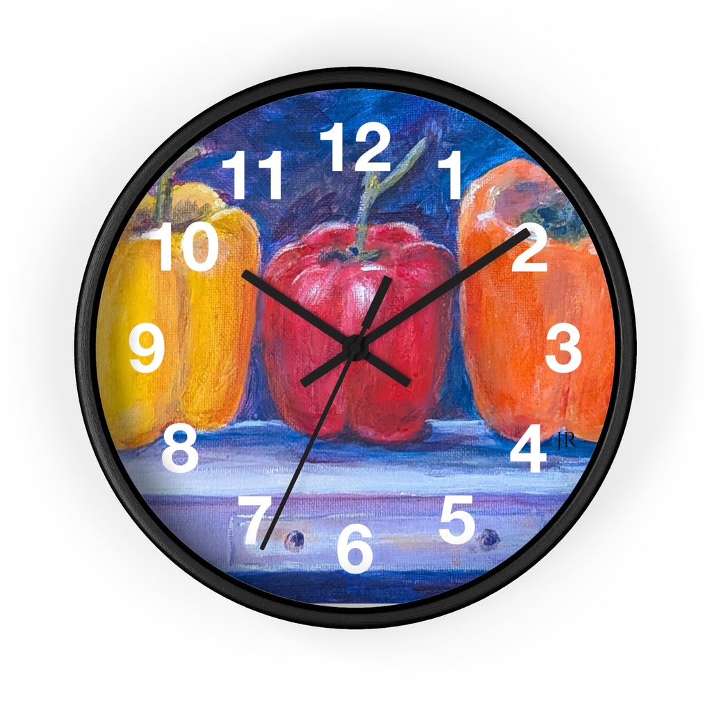Three Peppers Still Life Wall Clock — Colorful Kitchen Art Clock