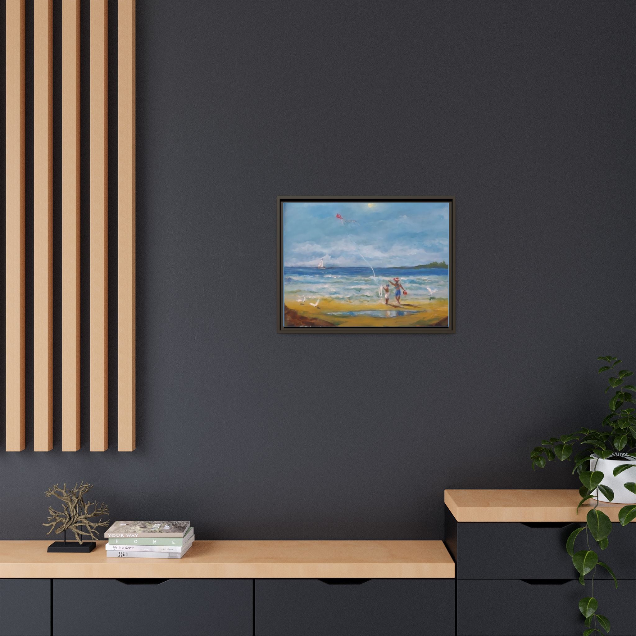 Kite on shore Framed Matte Canvas Wall Art