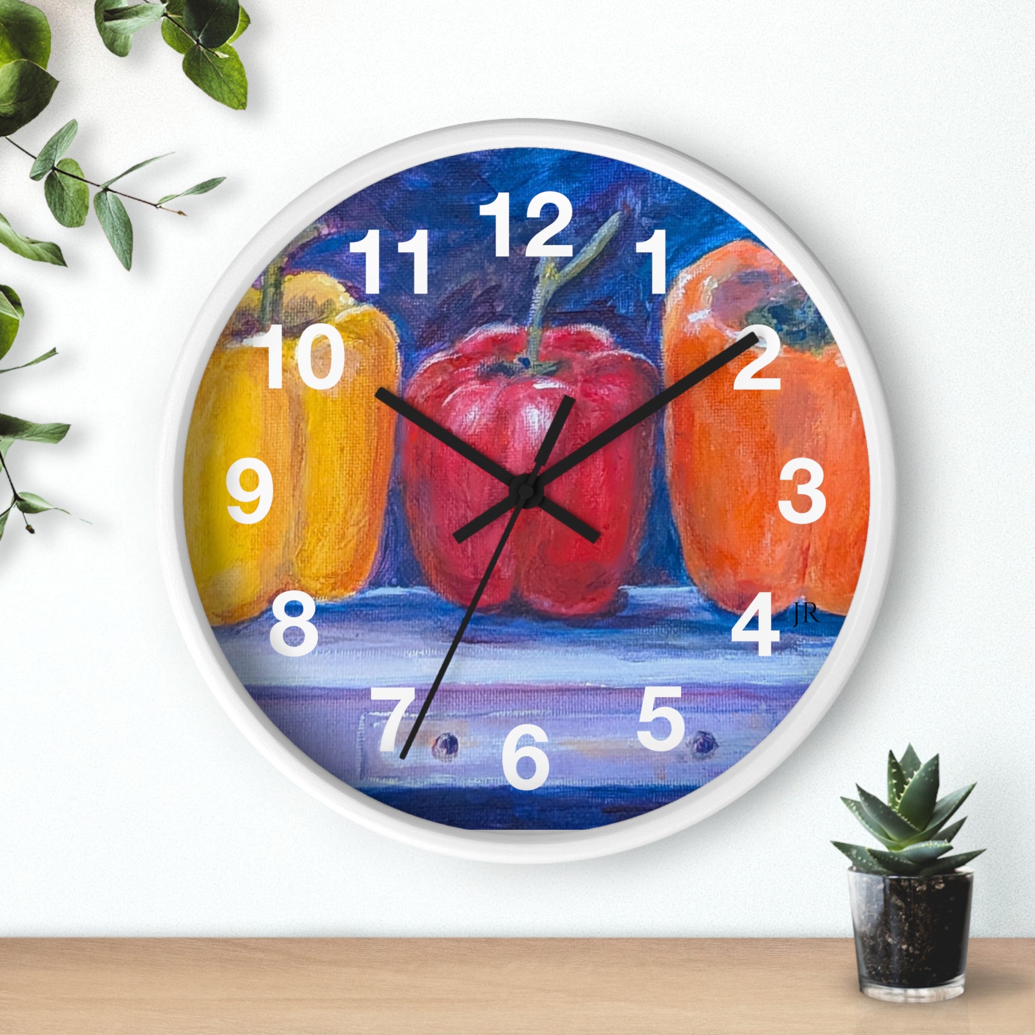 Three Peppers Still Life Wall Clock — Colorful Kitchen Art Clock