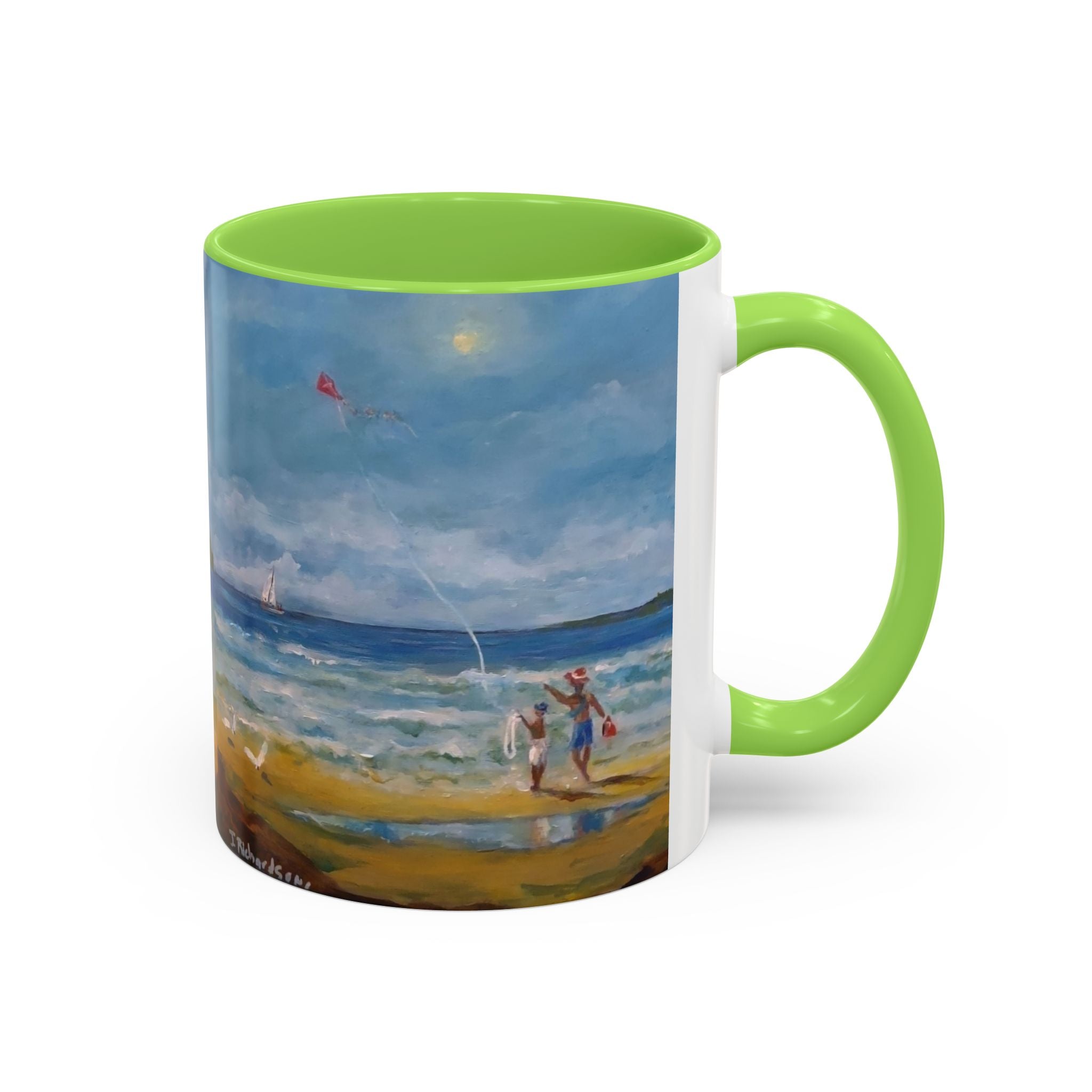 Beach & kite scene, Coffee Accent Mug - Personalize it! Colorful Ceramic Mug (11oz, 15oz)