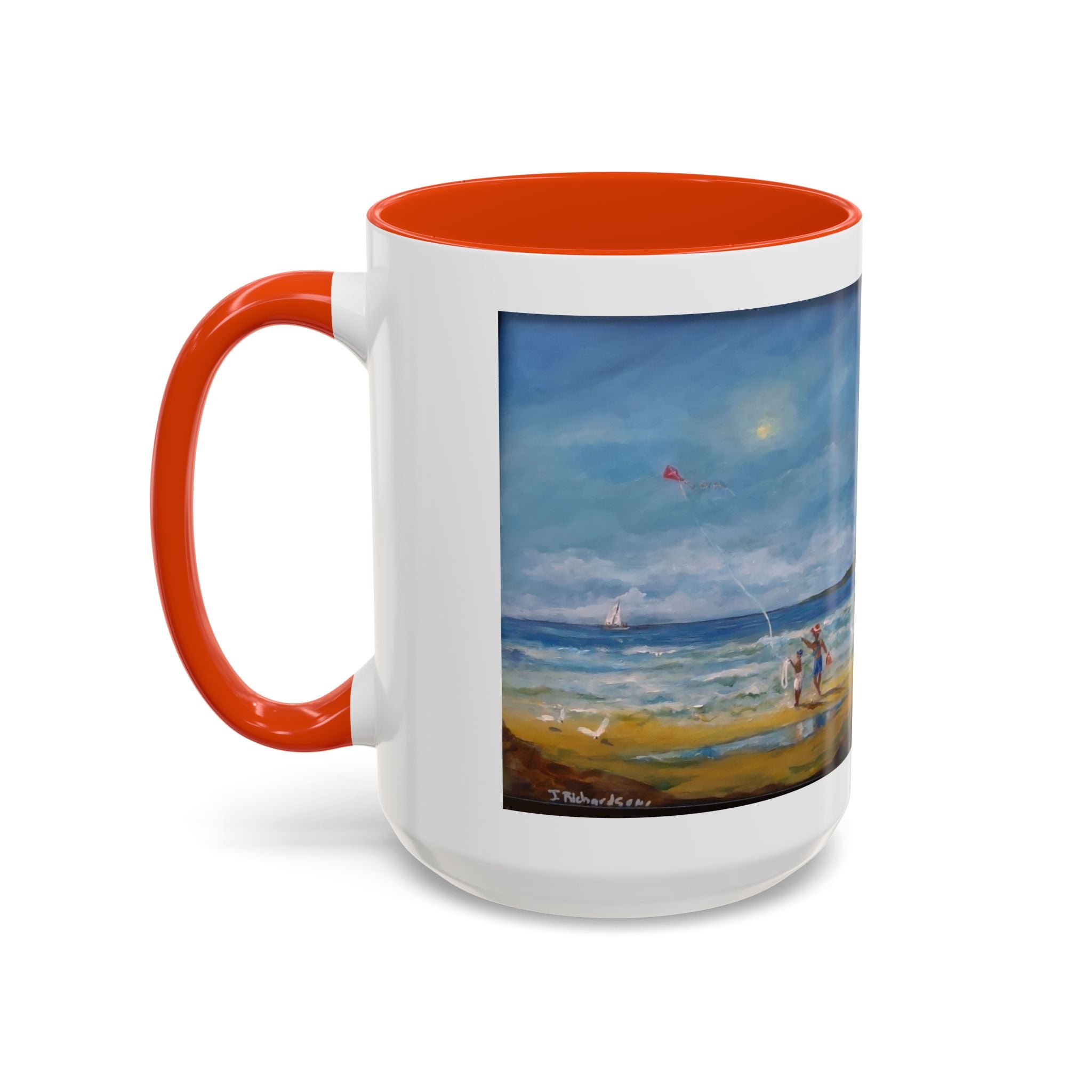 Beach & kite scene, Coffee Accent Mug - Personalize it! Colorful Ceramic Mug (11oz, 15oz)