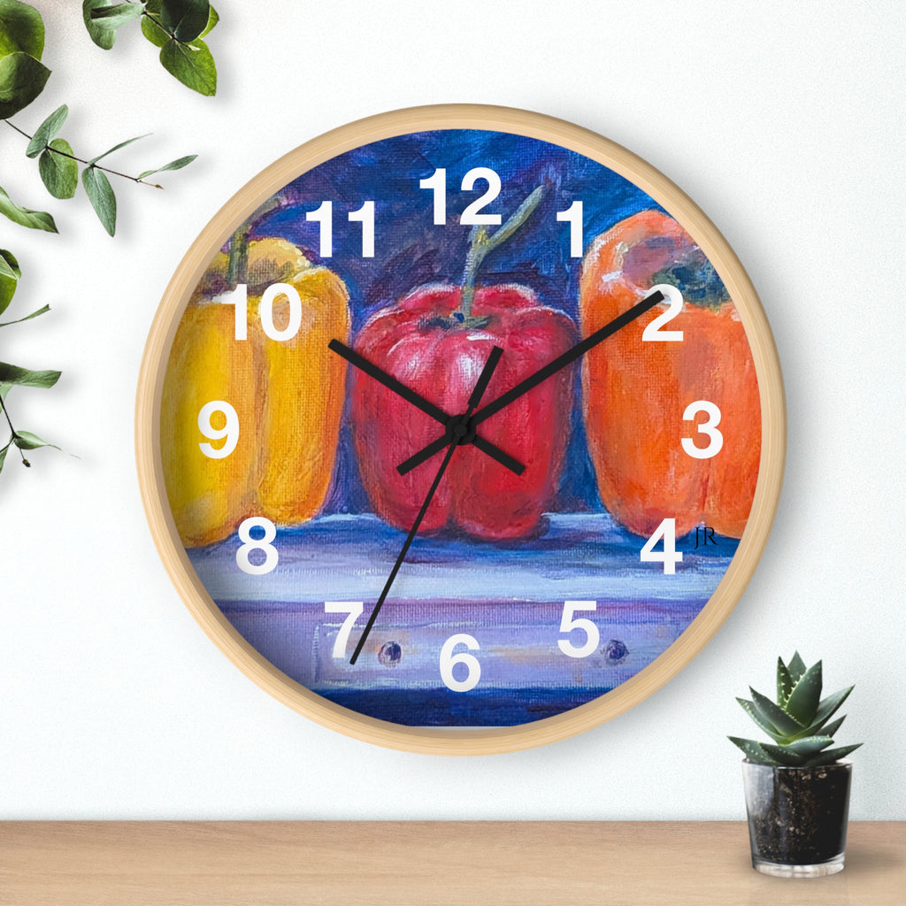 Three Peppers Still Life Wall Clock — Colorful Kitchen Art Clock