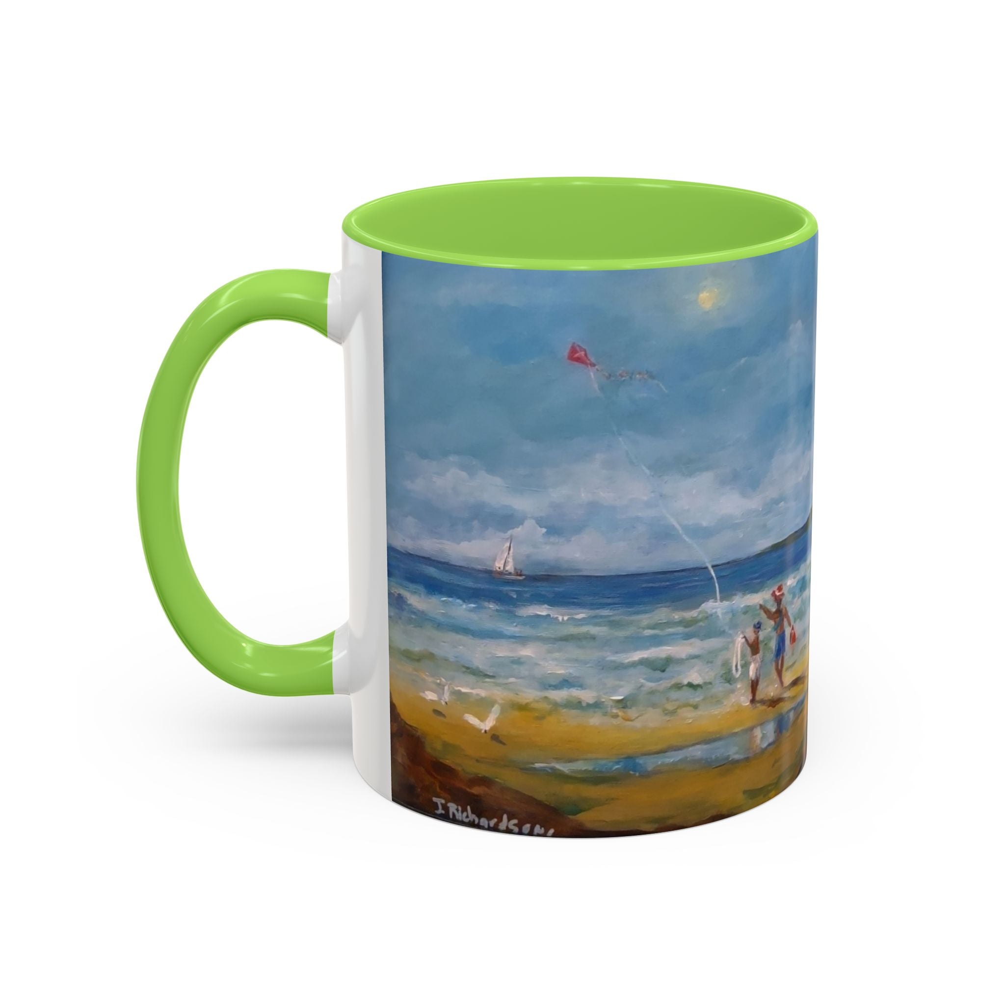 Beach & kite scene, Coffee Accent Mug - Personalize it! Colorful Ceramic Mug (11oz, 15oz)