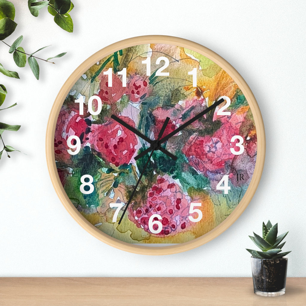 Raspberry Watercolor Wall Clock — Garden Bouquet Home Decor