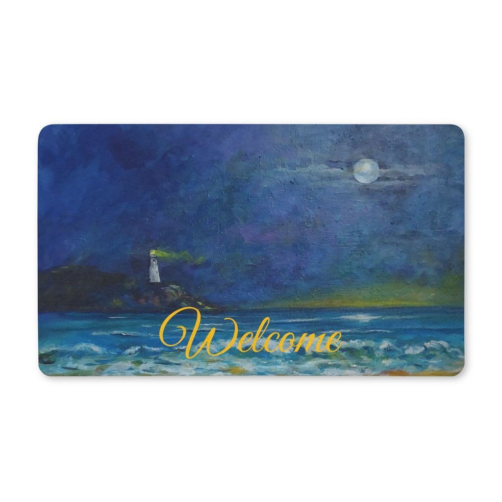Polyester Lighthouse Moonlit Doormat — Nautical Coastal Entry Rug