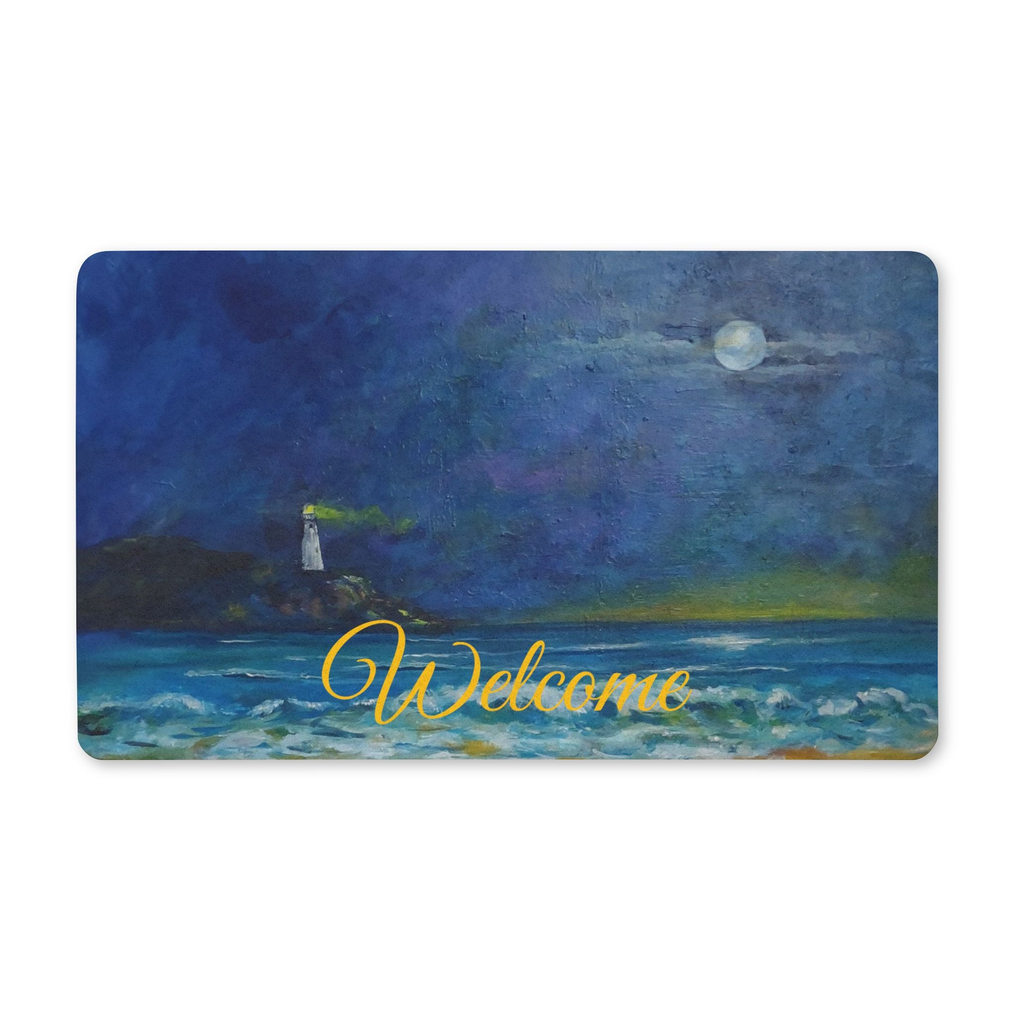 Polyester Lighthouse Moonlit Doormat — Nautical Coastal Entry Rug