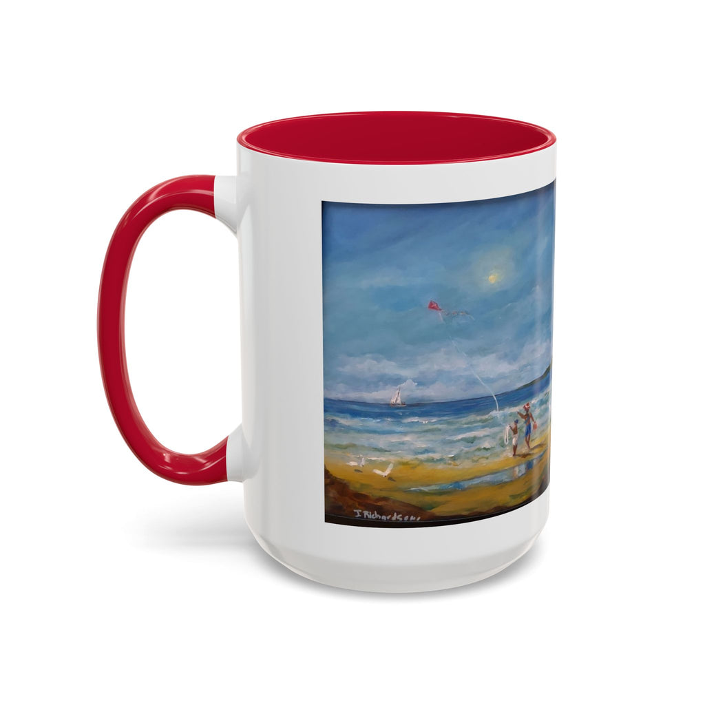 Beach & kite scene, Coffee Accent Mug - Personalize it! Colorful Ceramic Mug (11oz, 15oz)