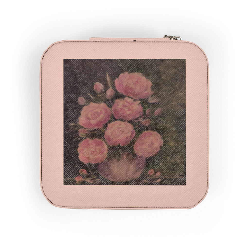 Peonies, original still life, tops a compact Jewelry Travel Case — Pink Portable Organizer with Ring & Earring Compartments