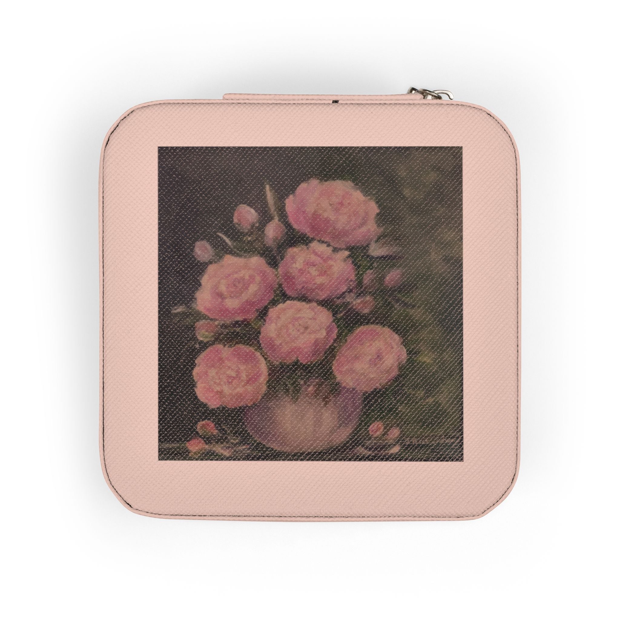 Peonies, original still life, tops a compact Jewelry Travel Case — Pink Portable Organizer with Ring & Earring Compartments