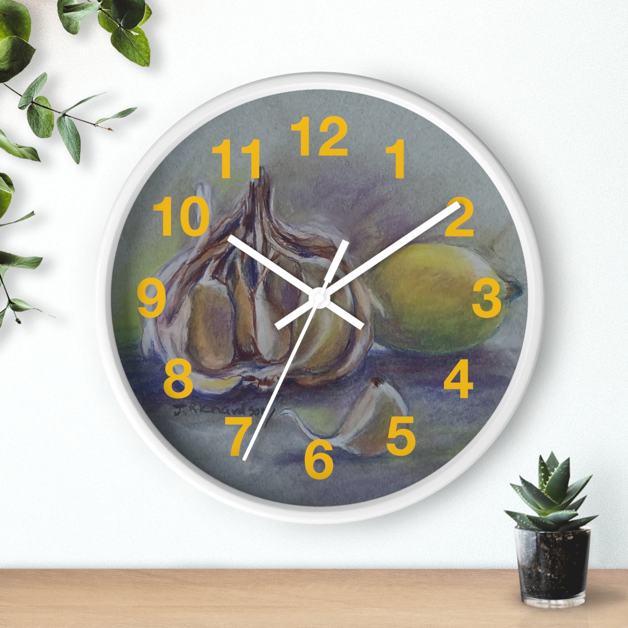 Garlic & Lemon Kitchen Wall Clock — Still Life Food Art Home Decor