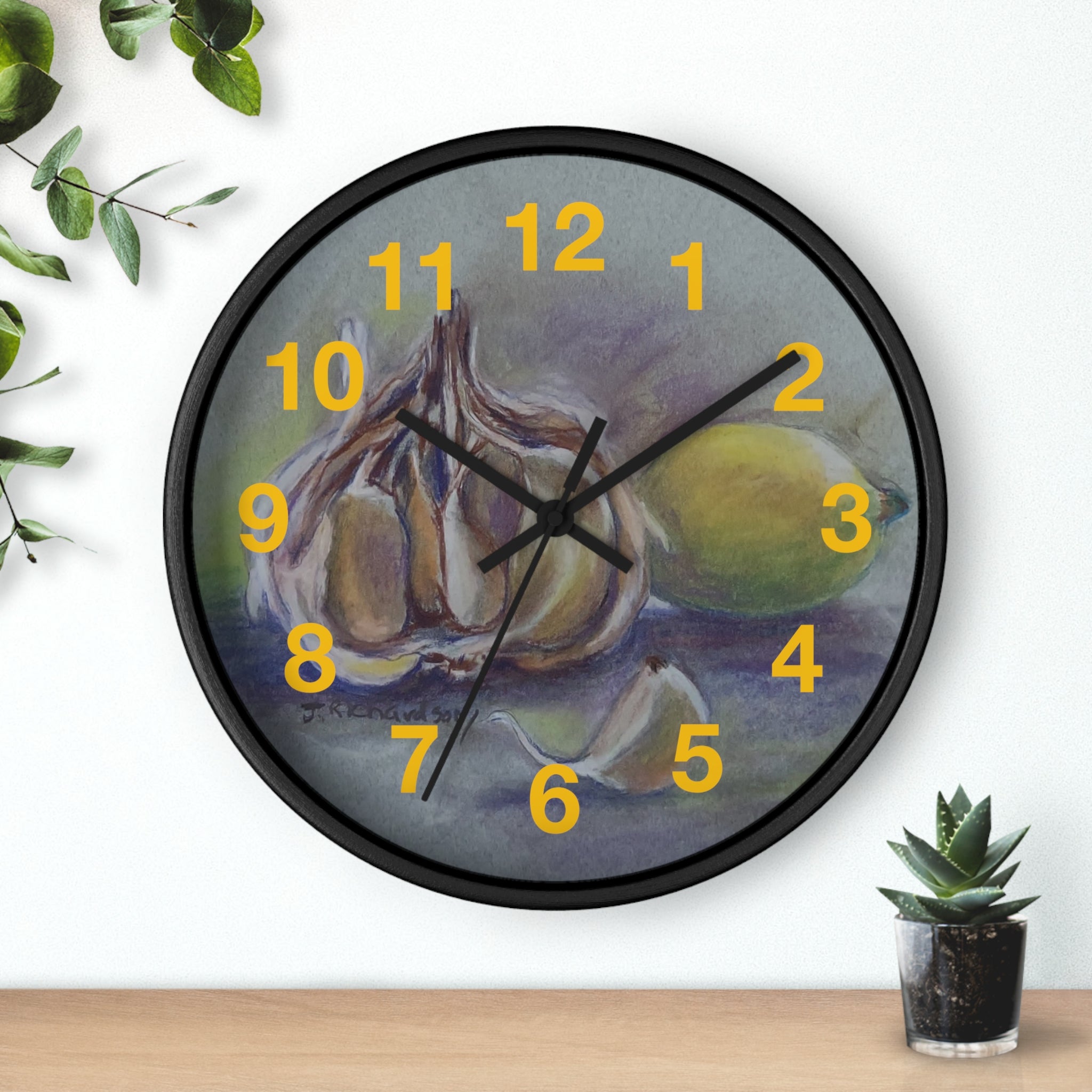 Garlic & Lemon Kitchen Wall Clock — Still Life Food Art Home Decor