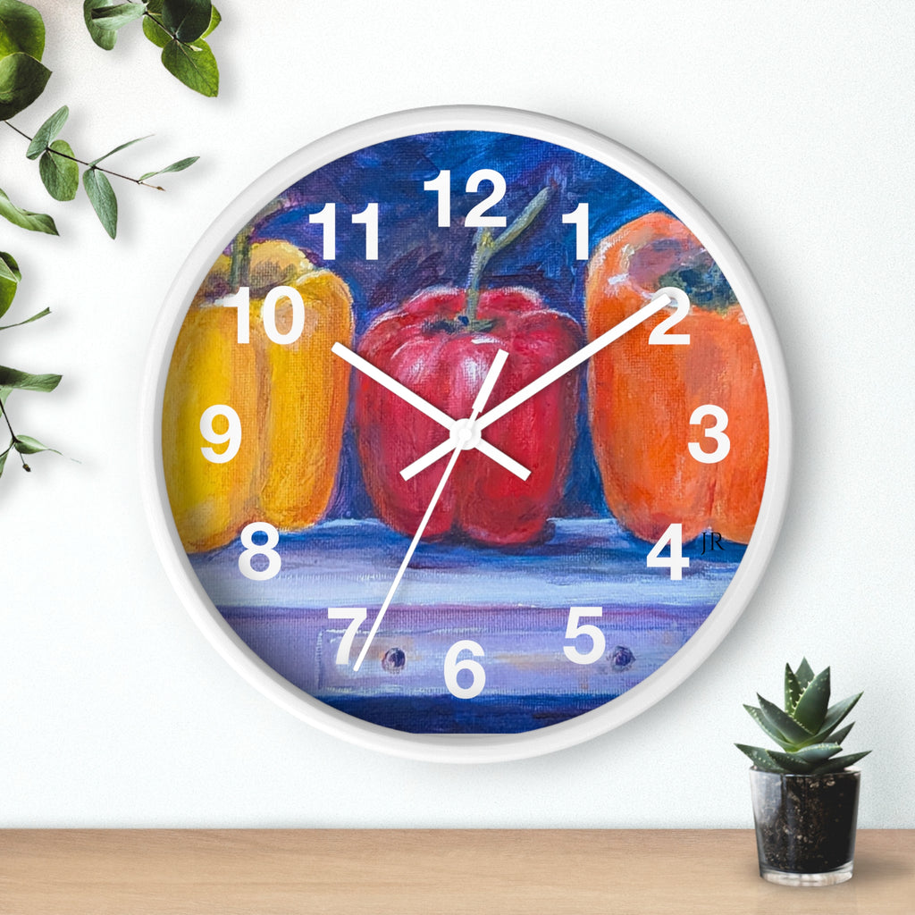 Three Peppers Still Life Wall Clock — Colorful Kitchen Art Clock