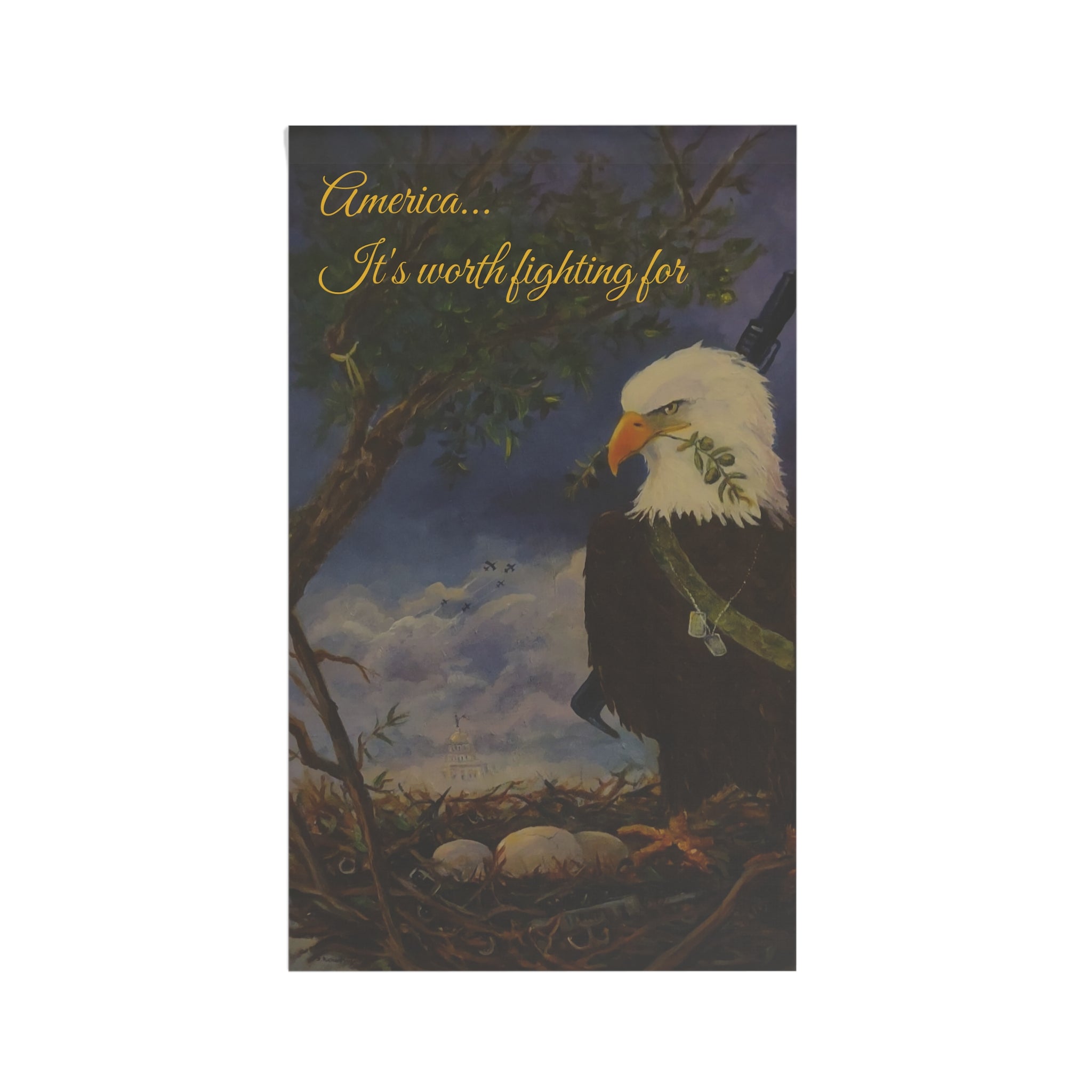Patriotic Eagle House Banner — "America... It's Worth Fighting For" Decorative Flag
