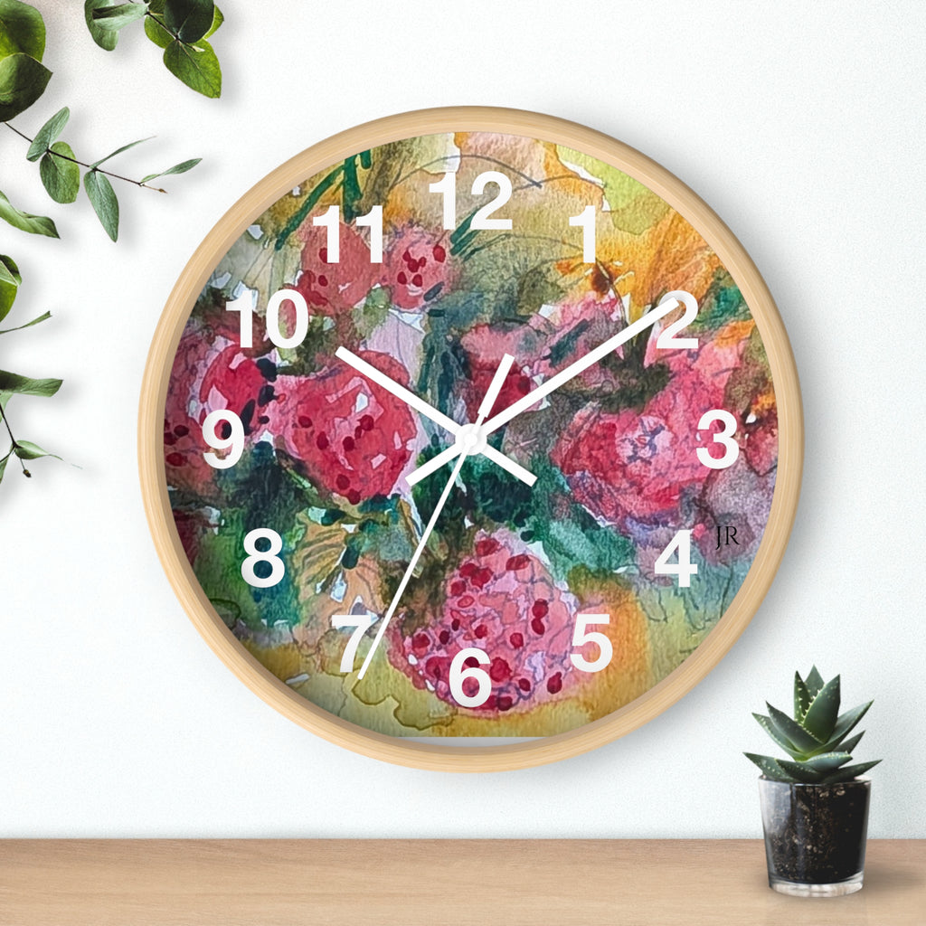 Raspberry Watercolor Wall Clock — Garden Bouquet Home Decor