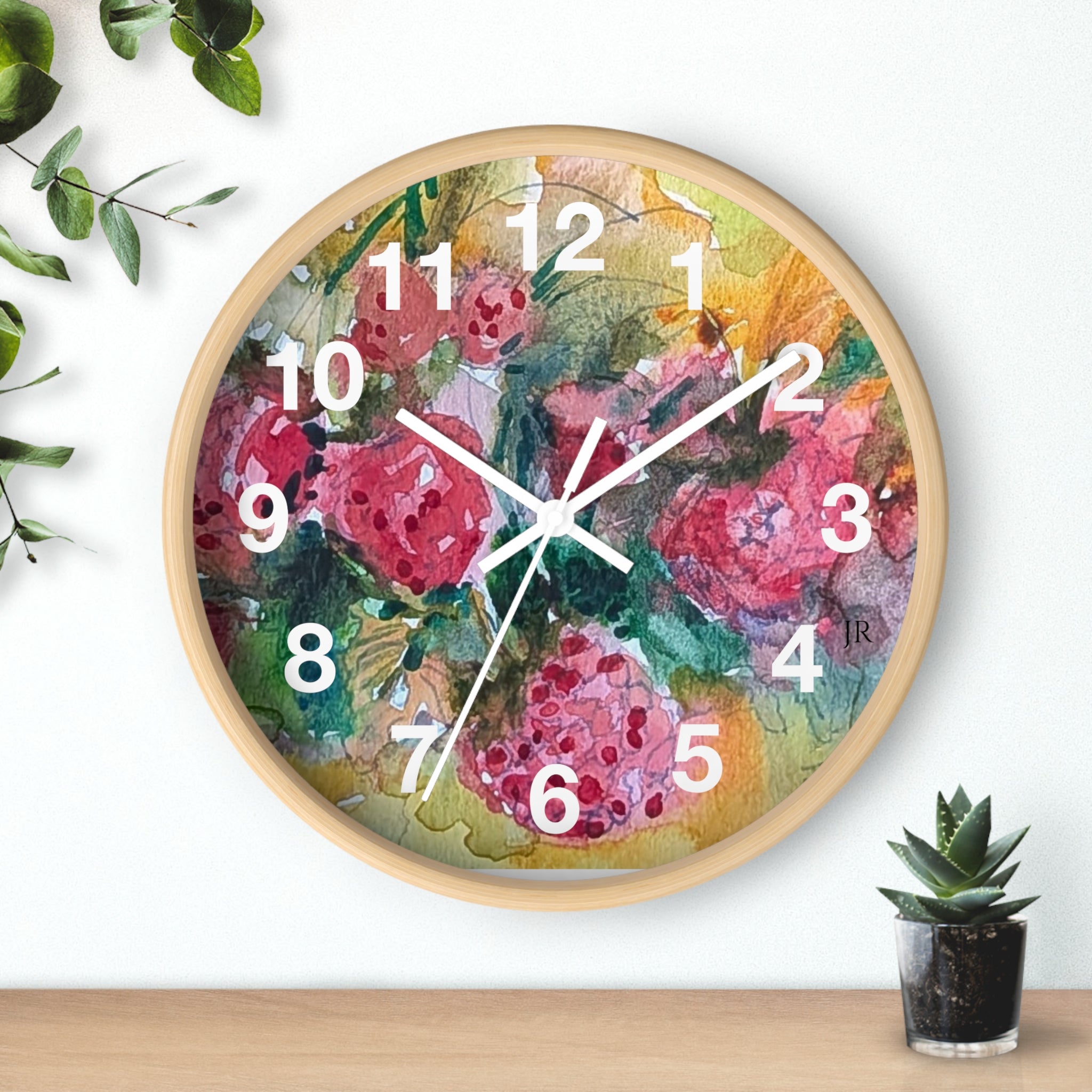 Raspberry Watercolor Wall Clock — Garden Bouquet Home Decor