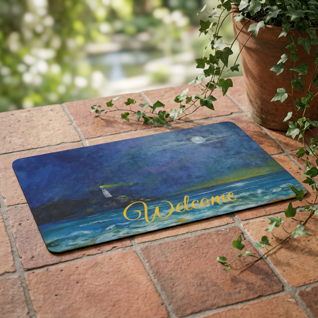 Polyester Lighthouse Moonlit Doormat — Nautical Coastal Entry Rug