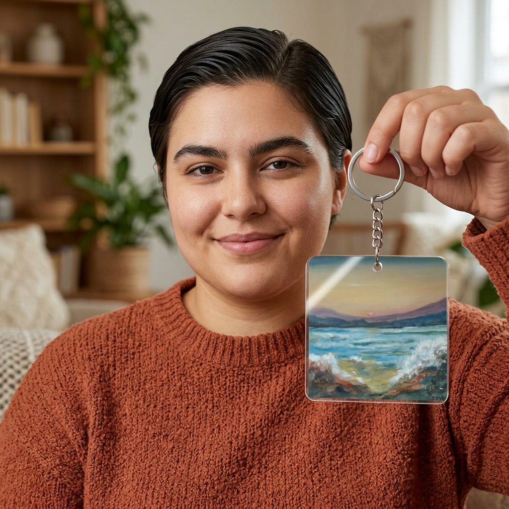 Beach Sunset transparent keychain – Ocean Waves Art Keyring