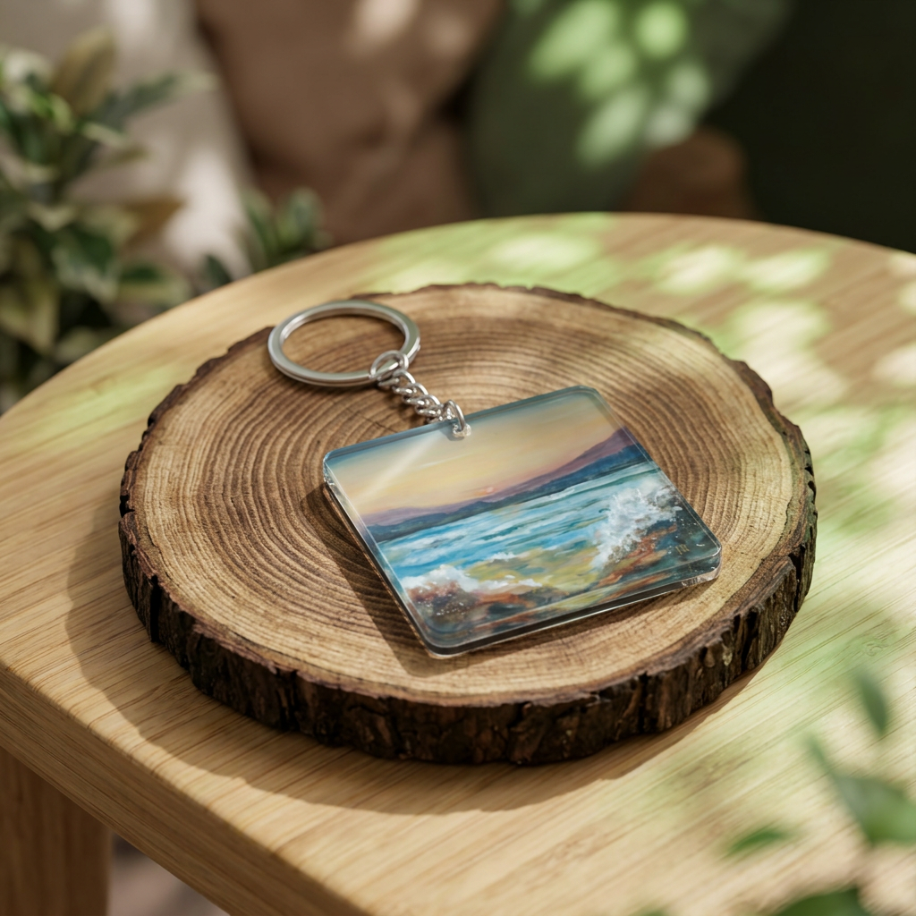 Beach Sunset transparent keychain – Ocean Waves Art Keyring