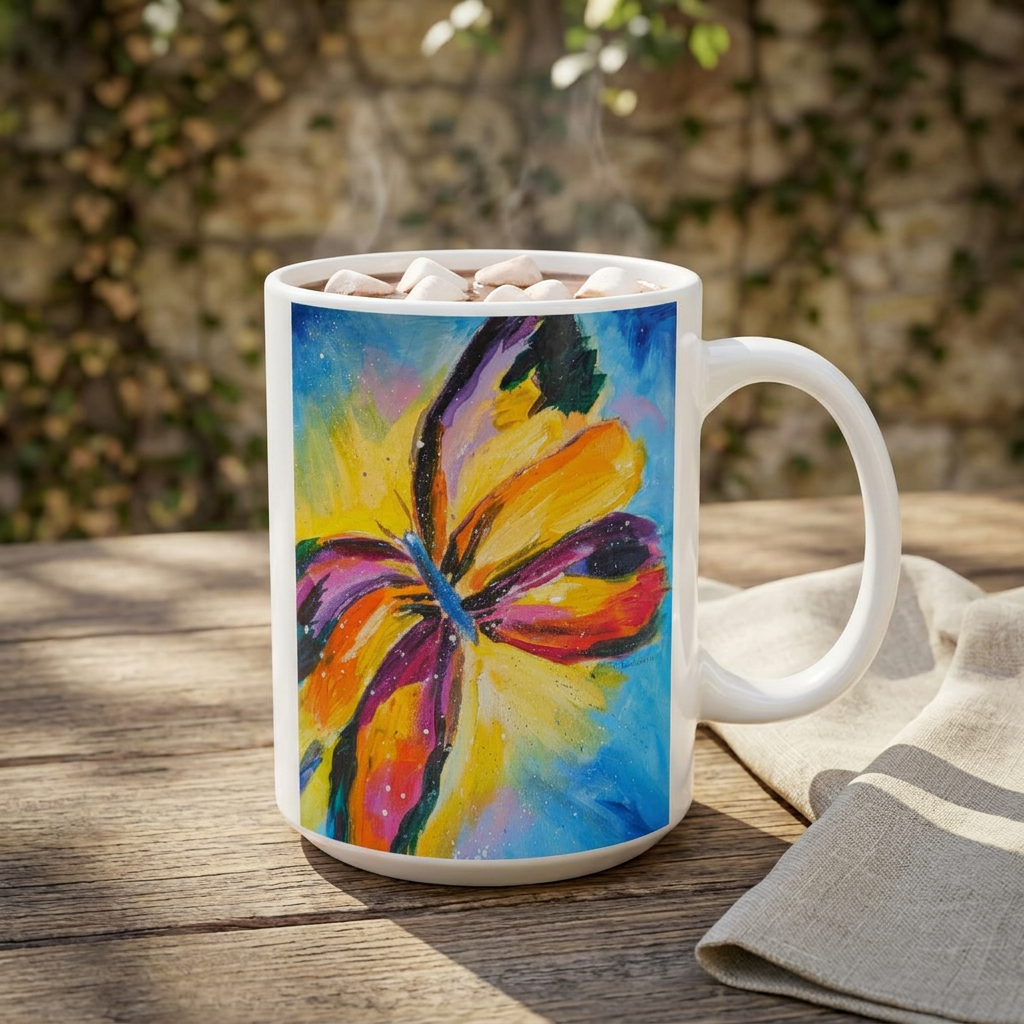 Colorful Butterfly Ceramic Mug — Vibrant Painted Flower Coffee Cup (11oz & 15oz)