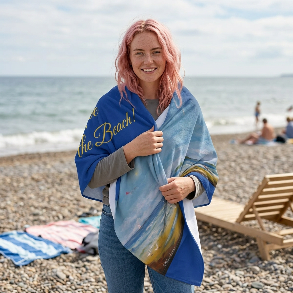 Beach Towel - "Love the Beach!" Coastal Scene Towel with Seaside Painting