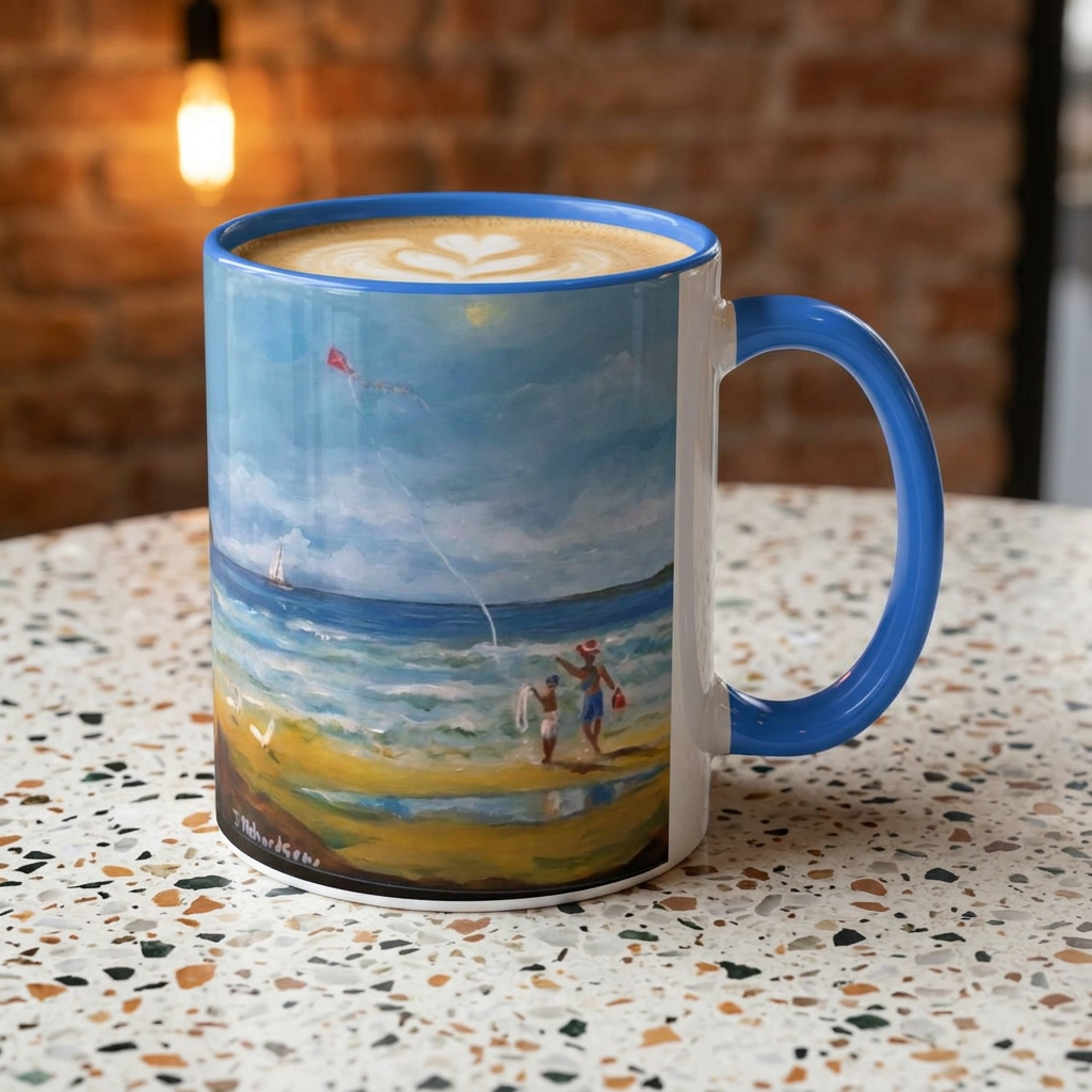 Beach & kite scene, Coffee Accent Mug - Personalize it! Colorful Ceramic Mug (11oz, 15oz)