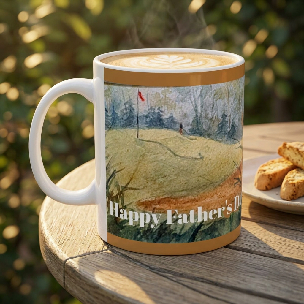 Happy Father's Day Golfer Ceramic Mug — Serene Countryside Coffee Cup (11oz, 15oz)