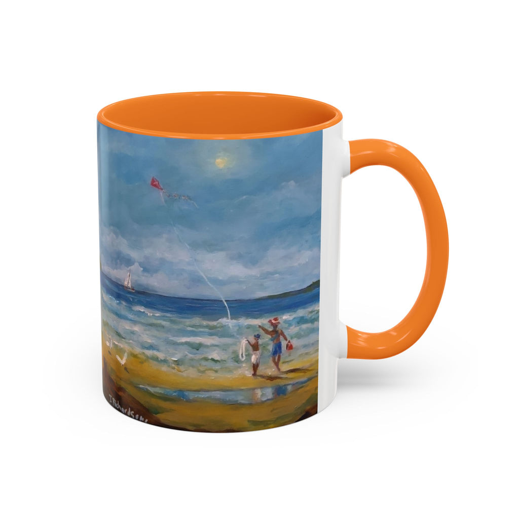Beach & kite scene, Coffee Accent Mug - Personalize it! Colorful Ceramic Mug (11oz, 15oz)