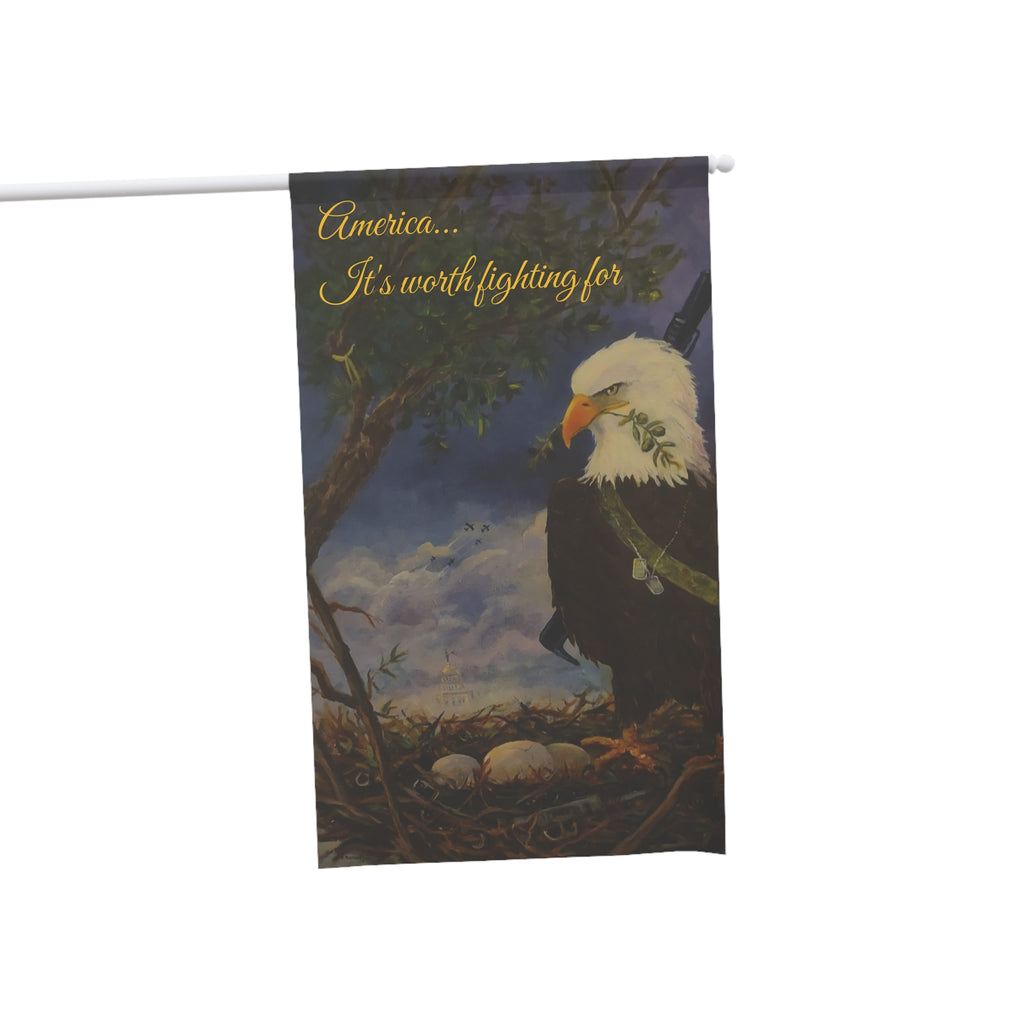 Patriotic Eagle House Banner — "America... It's Worth Fighting For" Decorative Flag