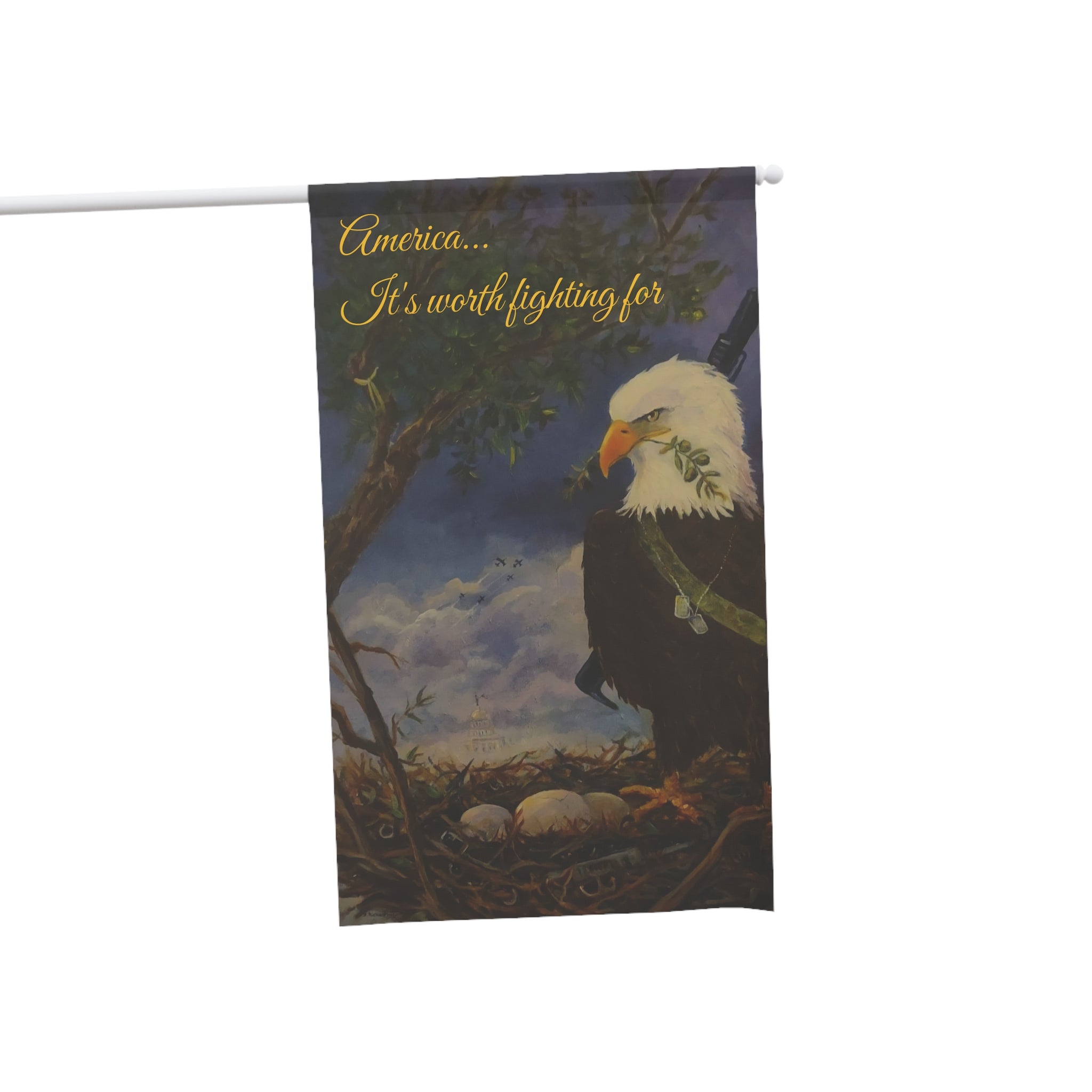 Patriotic Eagle House Banner — "America... It's Worth Fighting For" Decorative Flag