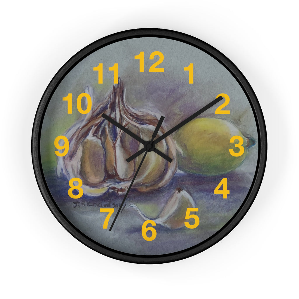 Garlic & Lemon Kitchen Wall Clock — Still Life Food Art Home Decor