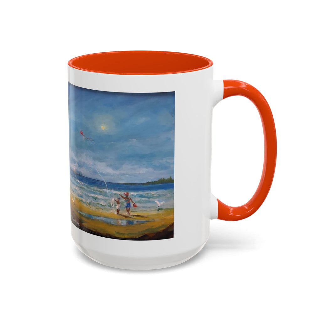 Beach & kite scene, Coffee Accent Mug - Personalize it! Colorful Ceramic Mug (11oz, 15oz)