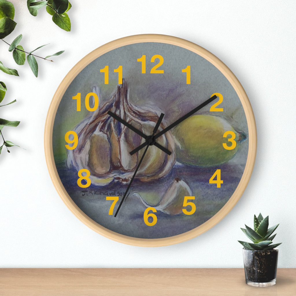 Garlic & Lemon Kitchen Wall Clock — Still Life Food Art Home Decor