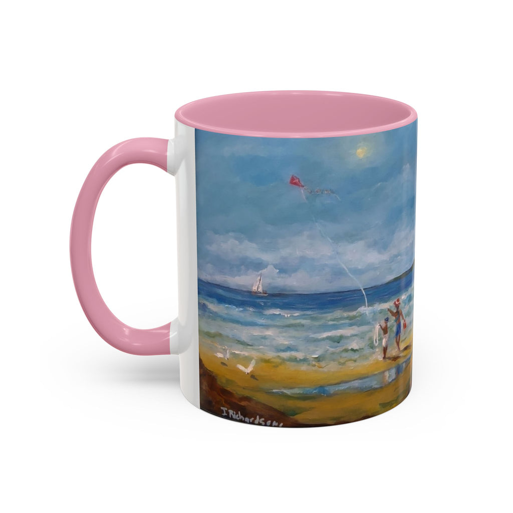 Beach & kite scene, Coffee Accent Mug - Personalize it! Colorful Ceramic Mug (11oz, 15oz)