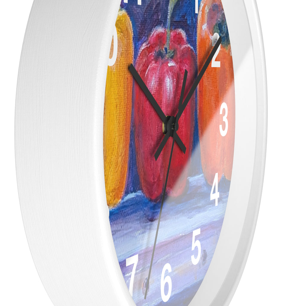 Three Peppers Still Life Wall Clock — Colorful Kitchen Art Clock