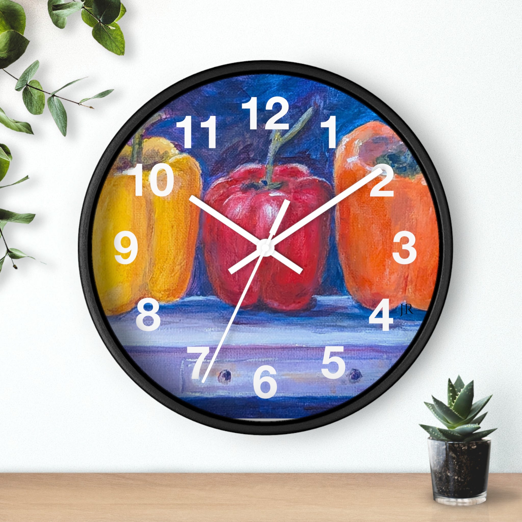 Three Peppers Still Life Wall Clock — Colorful Kitchen Art Clock