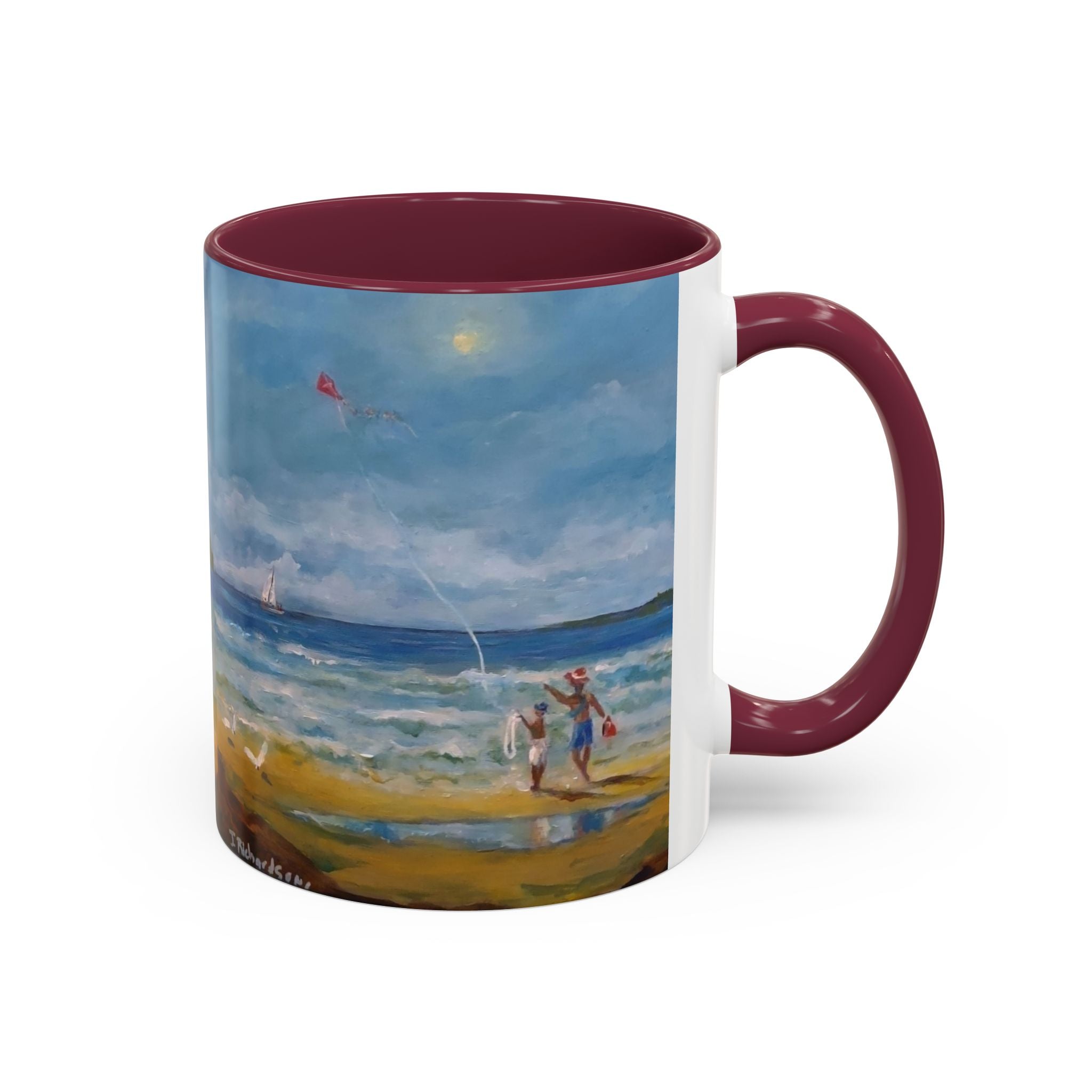 Beach & kite scene, Coffee Accent Mug - Personalize it! Colorful Ceramic Mug (11oz, 15oz)