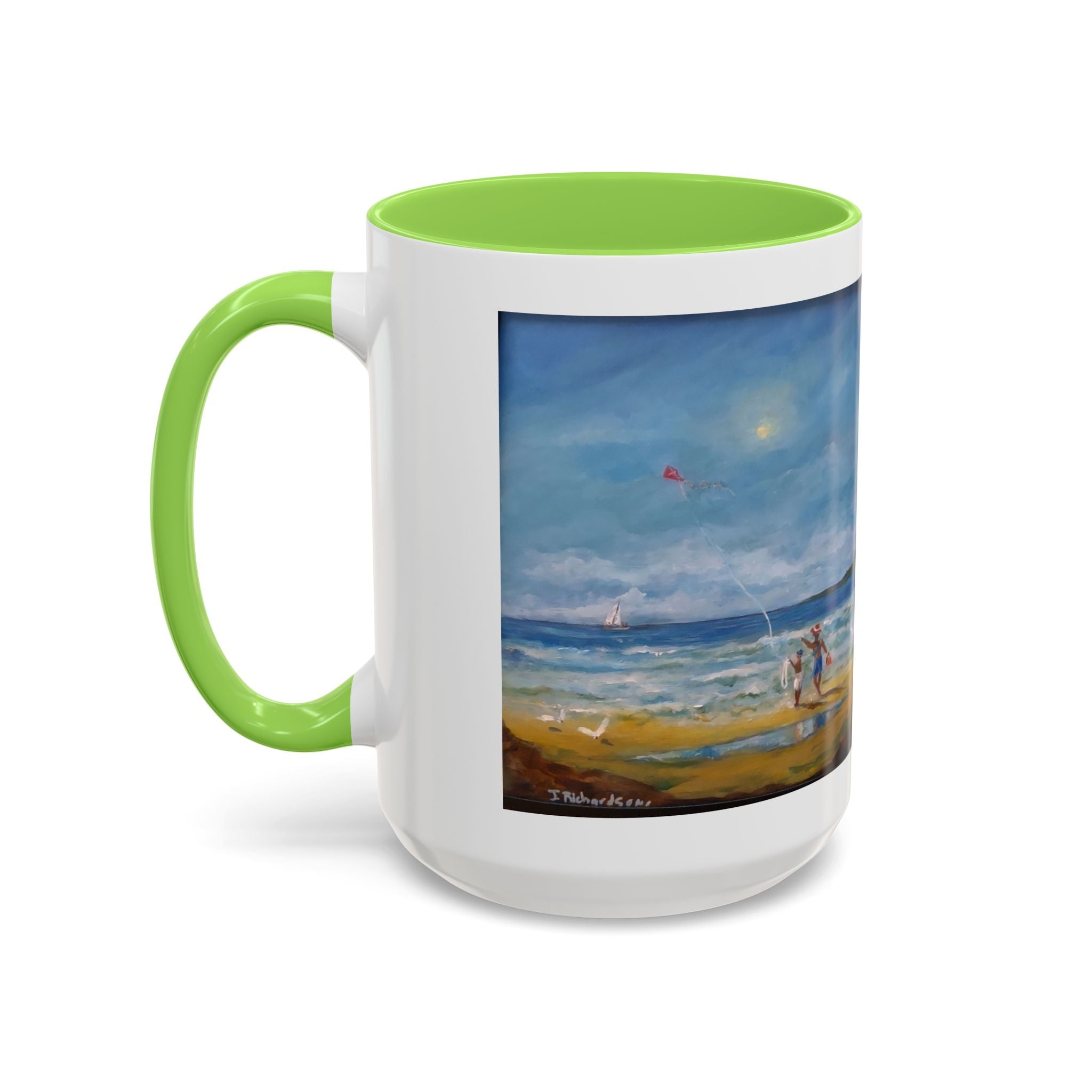 Beach & kite scene, Coffee Accent Mug - Personalize it! Colorful Ceramic Mug (11oz, 15oz)