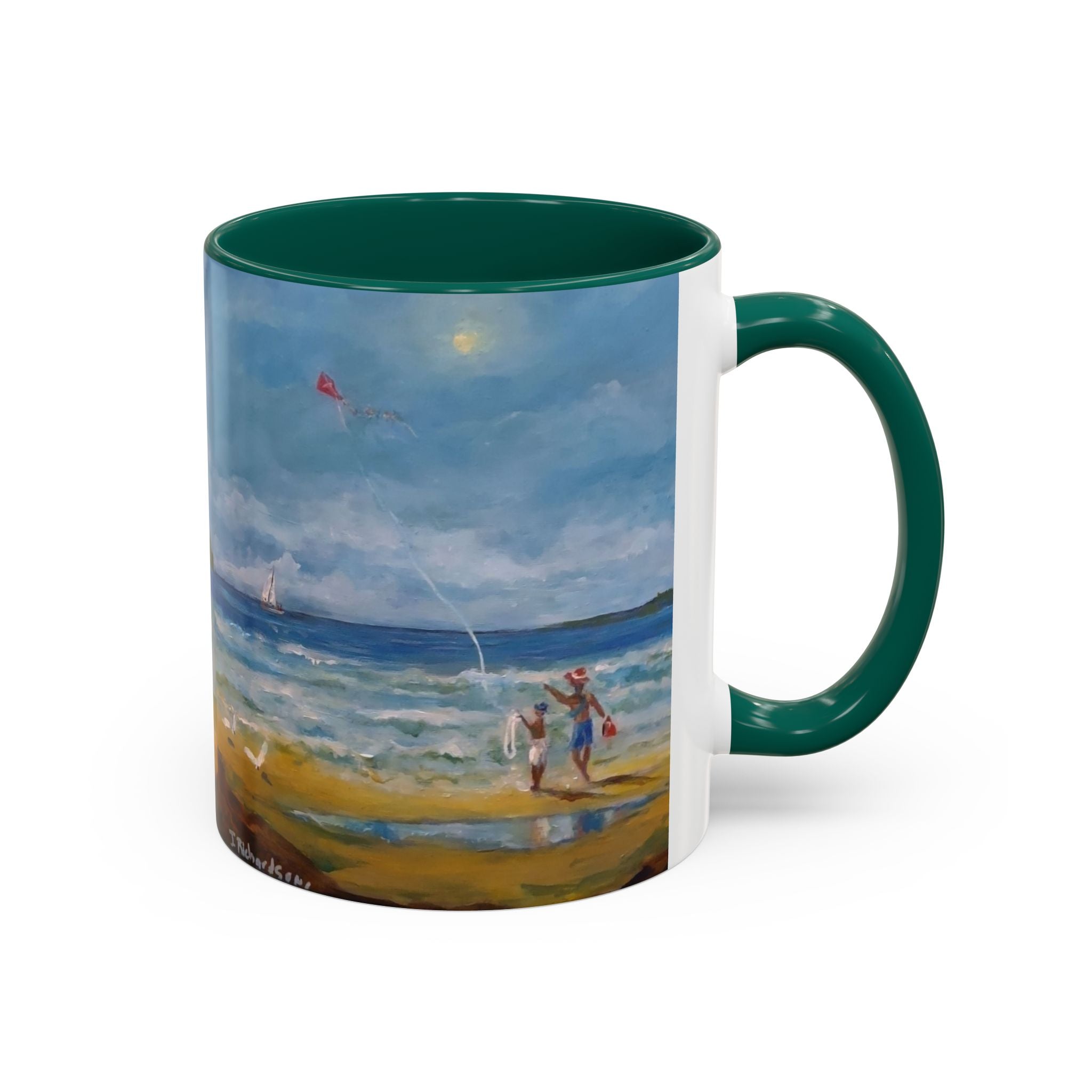 Beach & kite scene, Coffee Accent Mug - Personalize it! Colorful Ceramic Mug (11oz, 15oz)