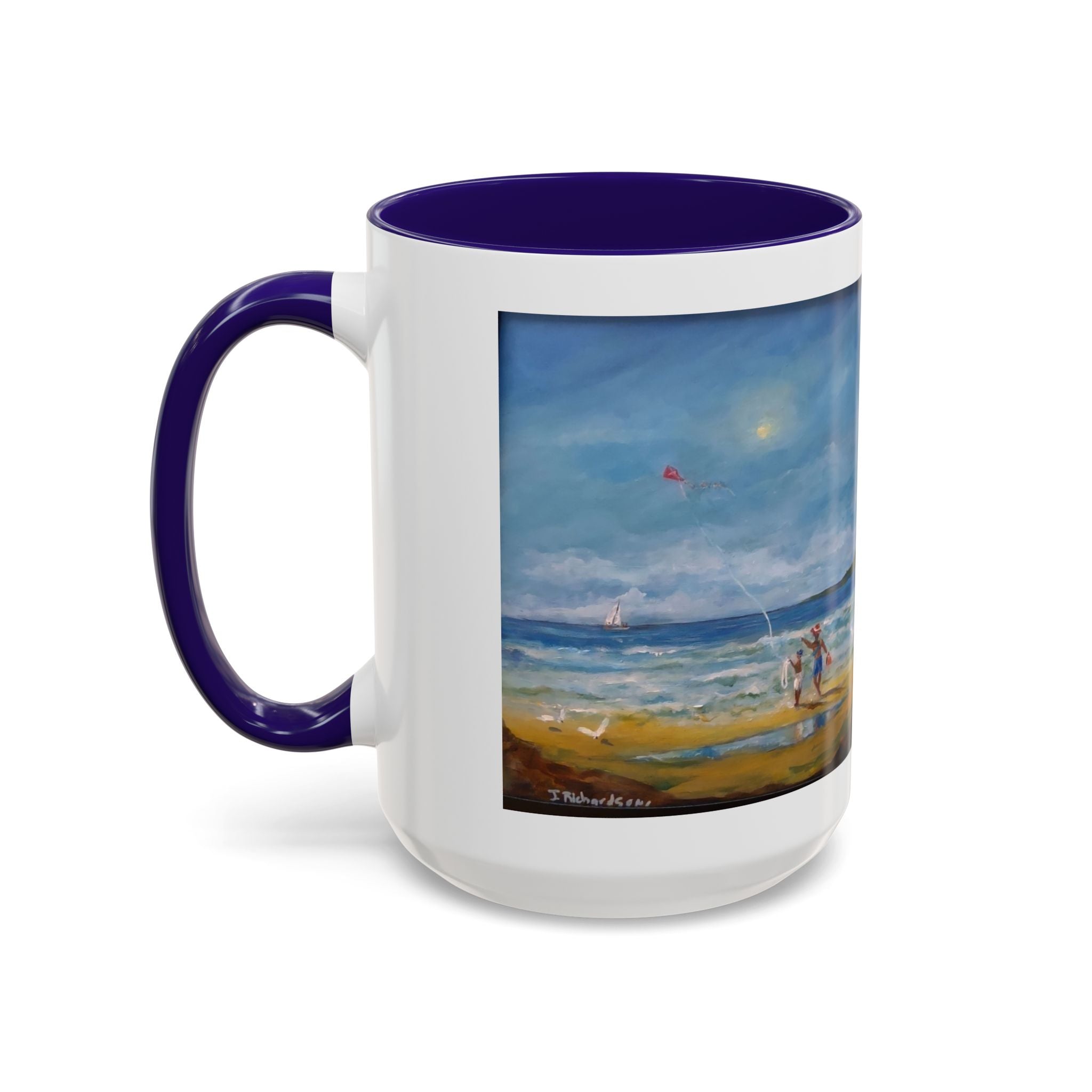 Beach & kite scene, Coffee Accent Mug - Personalize it! Colorful Ceramic Mug (11oz, 15oz)